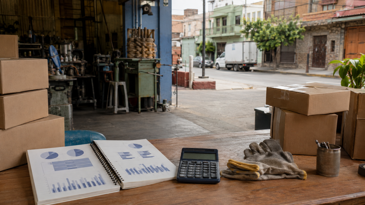 Taller y tienda de barrio con cajas, calculadora y gráficos sin texto sobre una mesa, imagen editorial del PIB y la actividad económica.