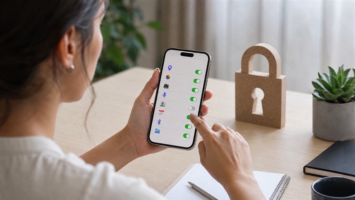 Persona revisa permisos de privacidad de una aplicación en un teléfono móvil