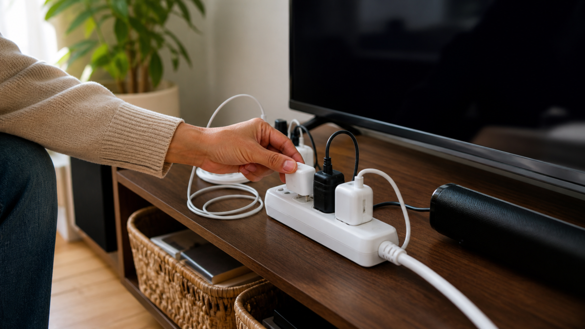 Sala doméstica con televisión, cargadores y multicontacto mientras una mano desconecta un aparato sin uso.